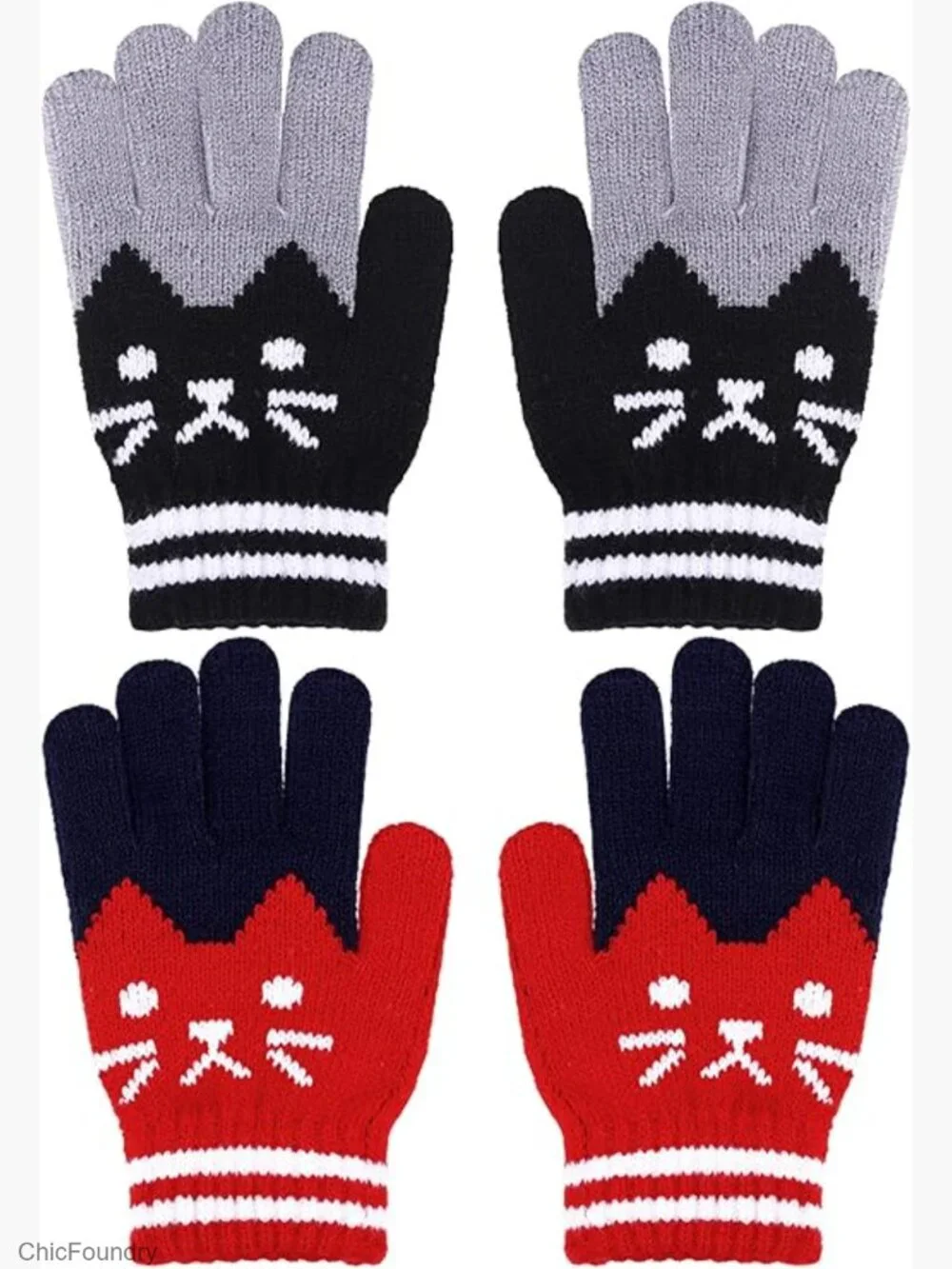 2 Pairs Kids Winter Gloves Full Finger Knitted Mittens Stretchy Boys Girls